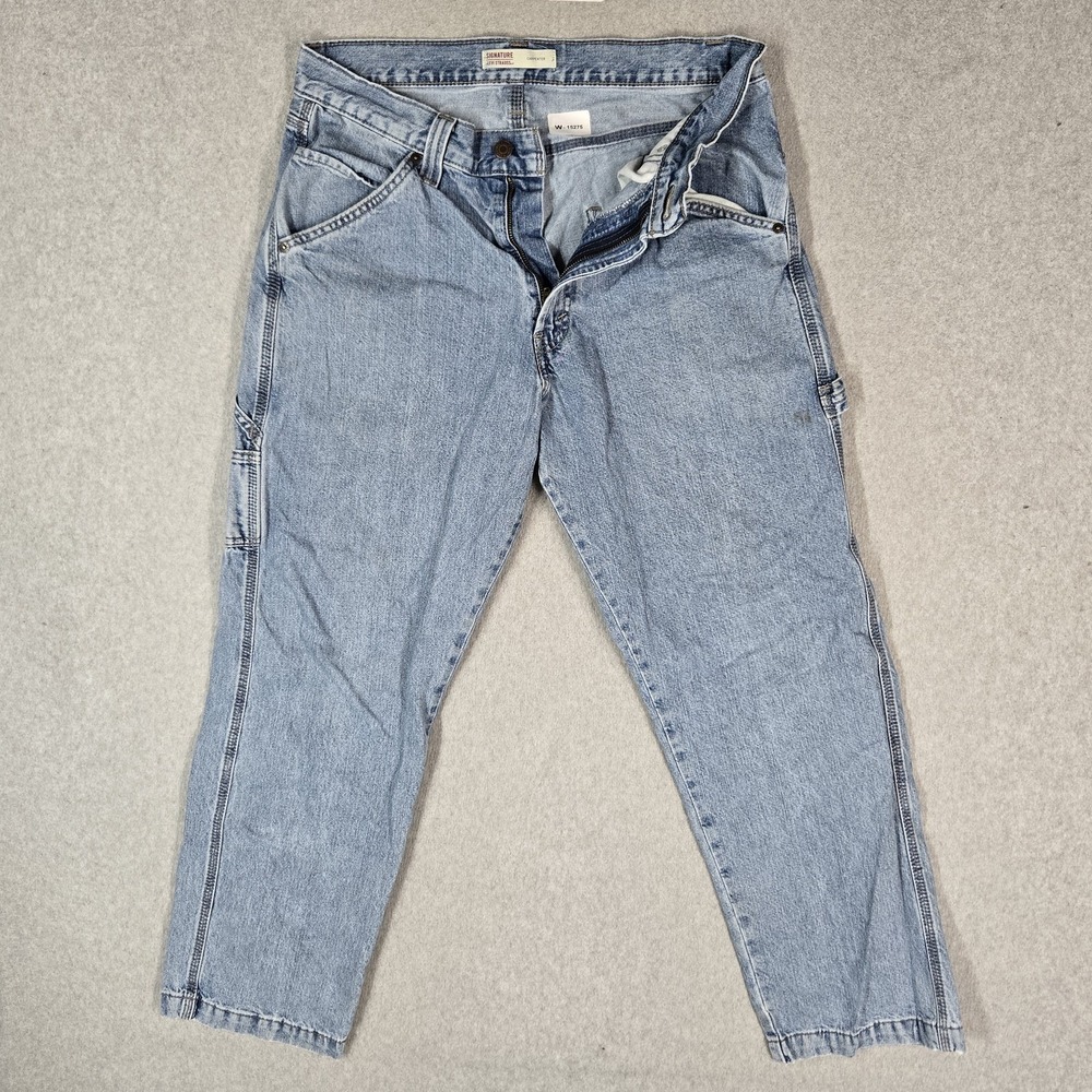 Signature Levi's Men Jeans 32X30 Light Blue Denim Cargo Carpenter 27" Inseam